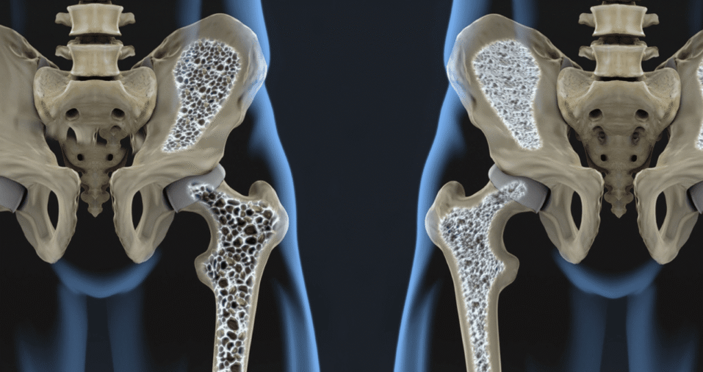 animación hueso cadera y pierna con osteoporosis