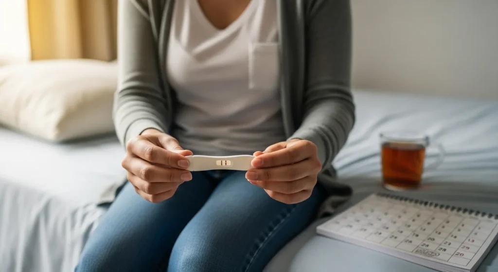 Alt-text: Mujer joven en México emocionada al observar el resultado positivo de una prueba de embarazo en su hogar.