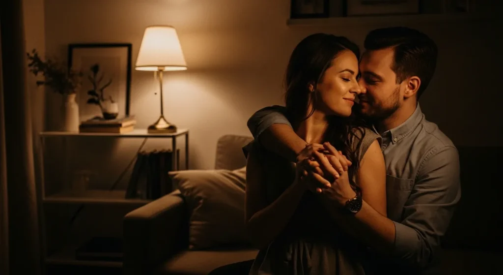 Pareja muy enamorada en una habitación con poca luz