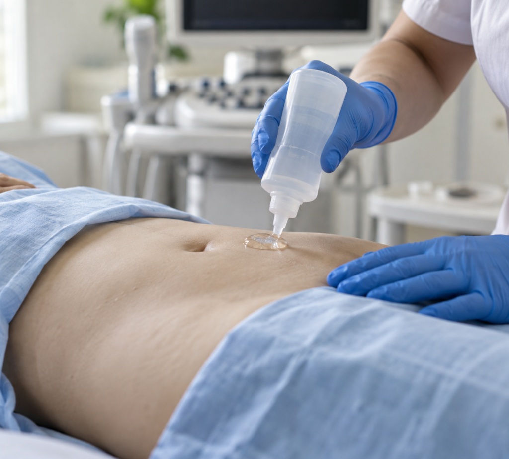 Técnico aplicando gel transparente sobre el abdomen antes de un ultrasonido