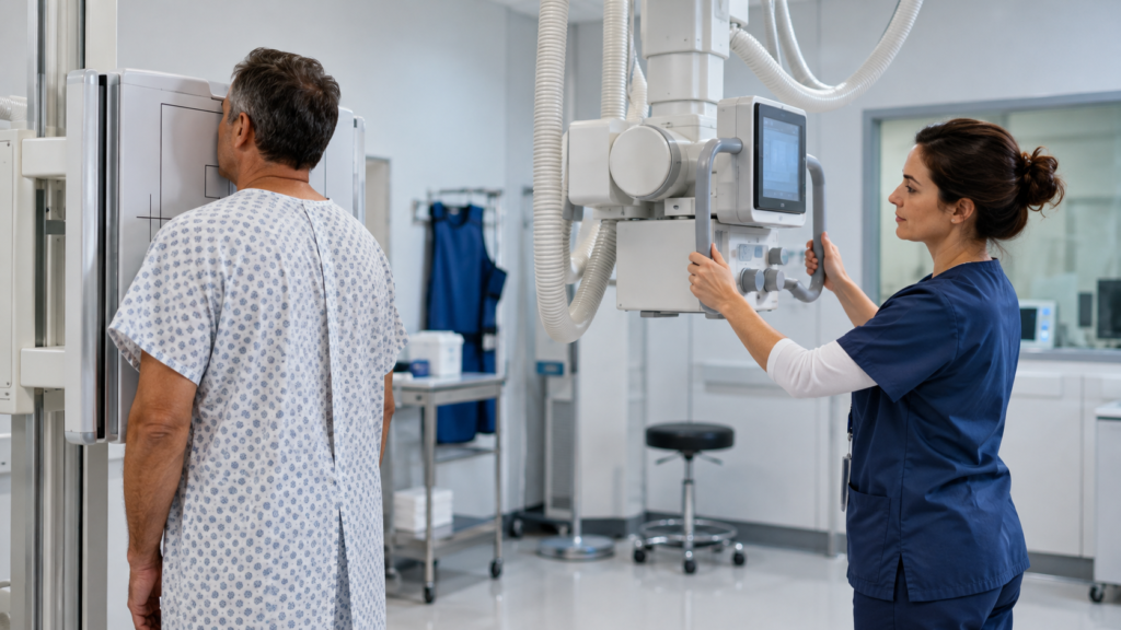 Médico explicando a una paciente los resultados de un estudio de imagen de la columna vertebral en una pantalla durante una consulta.