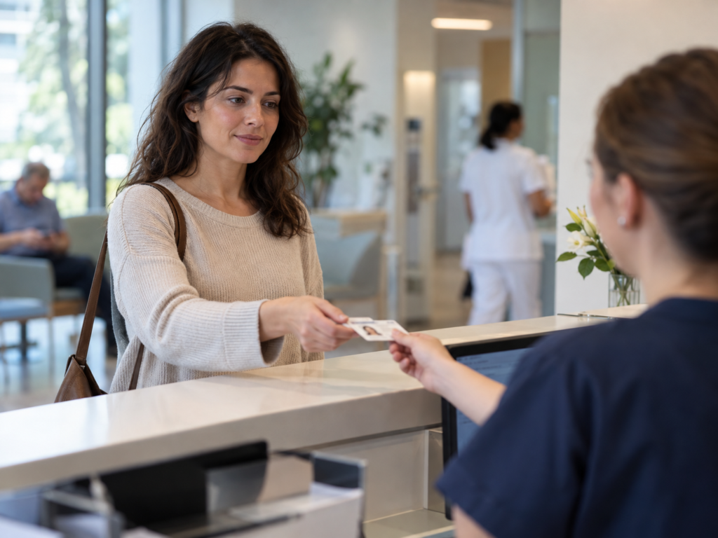 Mujer entregando su identificación en el mostrador de un laboratorio clínico antes de realizarse un estudio