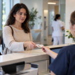 Mujer entregando su identificación en el mostrador de un laboratorio clínico antes de realizarse un estudio