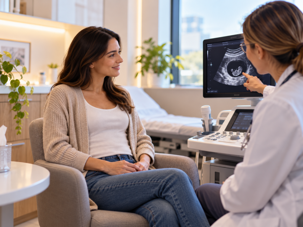 Mujer en las primeras semanas de embarazo durante una consulta médica, observando la imagen de su primer ultrasonido en una pantalla.