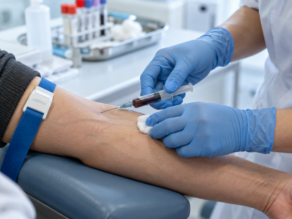 Personal de salud tomando una muestra de sangre a un paciente en un laboratorio clínico