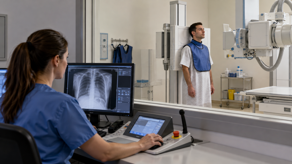Técnica de radiología supervisando una radiografía desde una sala de control protegida, mientras el paciente permanece frente al equipo de rayos X.