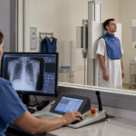 Técnica de radiología supervisando una radiografía desde una sala de control protegida, mientras el paciente permanece frente al equipo de rayos X.