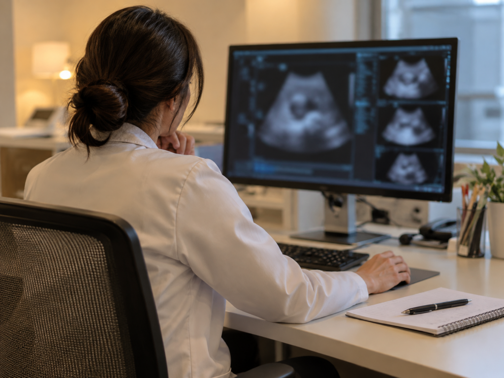 Radiólogo analizando las imágenes de un ultrasonido en su consultorio