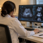 Radiólogo analizando las imágenes de un ultrasonido en su consultorio