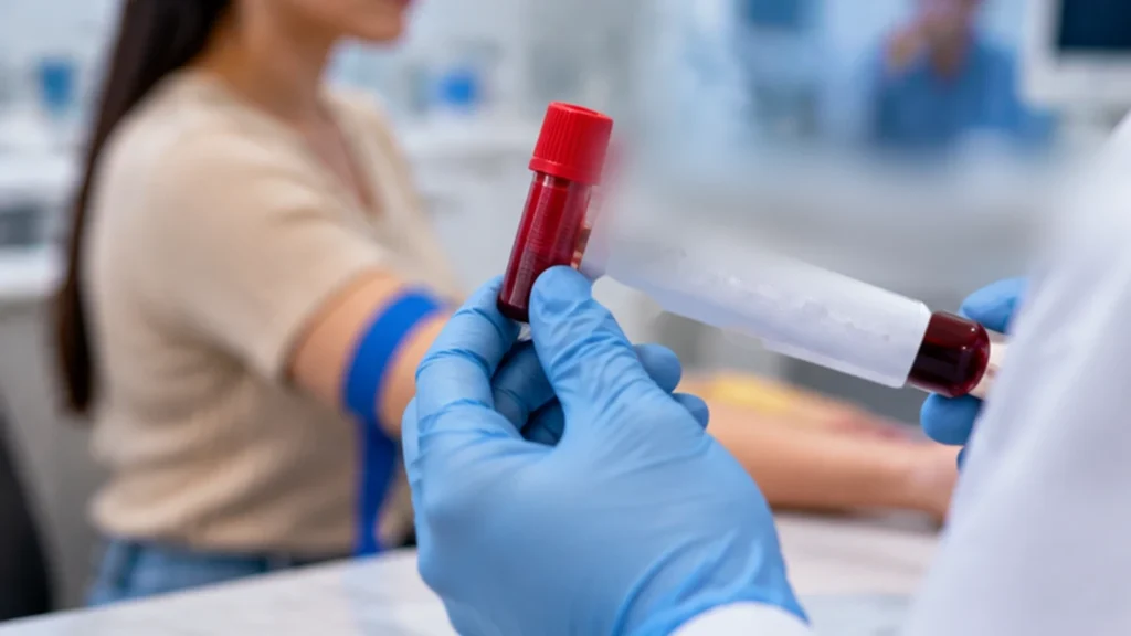profesional tomando muestra para una prueba de embarazo en sangre