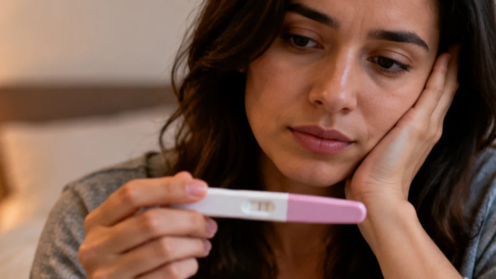 Mujer pensando en investigar sobre el precio de una prueba de embarazo en sangre ante un posible falso negativo de la prueba de embarazo casera