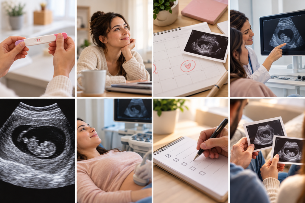 Secuencia de imágenes que ilustra las etapas del primer ultrasonido del embarazo, desde la prueba positiva y la preparación para la consulta hasta el estudio y la revisión de las imágenes del bebé.