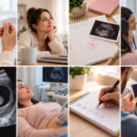 Secuencia de imágenes que ilustra las etapas del primer ultrasonido del embarazo, desde la prueba positiva y la preparación para la consulta hasta el estudio y la revisión de las imágenes del bebé.