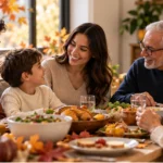 Familia de varias generaciones reunida durante una comida en casa al inicio de la temporada de influenza.
