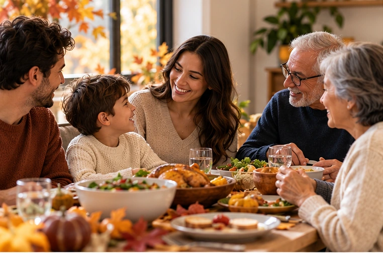 Familia de varias generaciones reunida durante una comida en casa al inicio de la temporada de influenza.