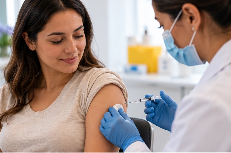 Profesional de la salud aplicando una vacuna a una mujer adulta como medida de prevención durante la temporada de influenza.