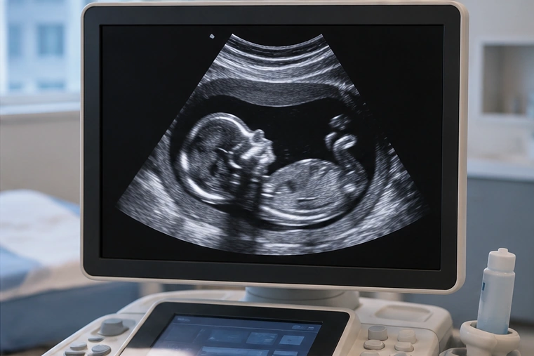 Pantalla de un equipo de ultrasonido obstétrico que muestra una imagen del bebé en desarrollo en escala de grises.